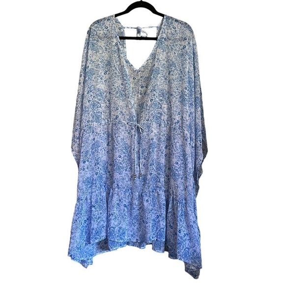 Time and Tru blue and white chiffon floral print ruffle hem swim suit coverup - Picture 3 of 8